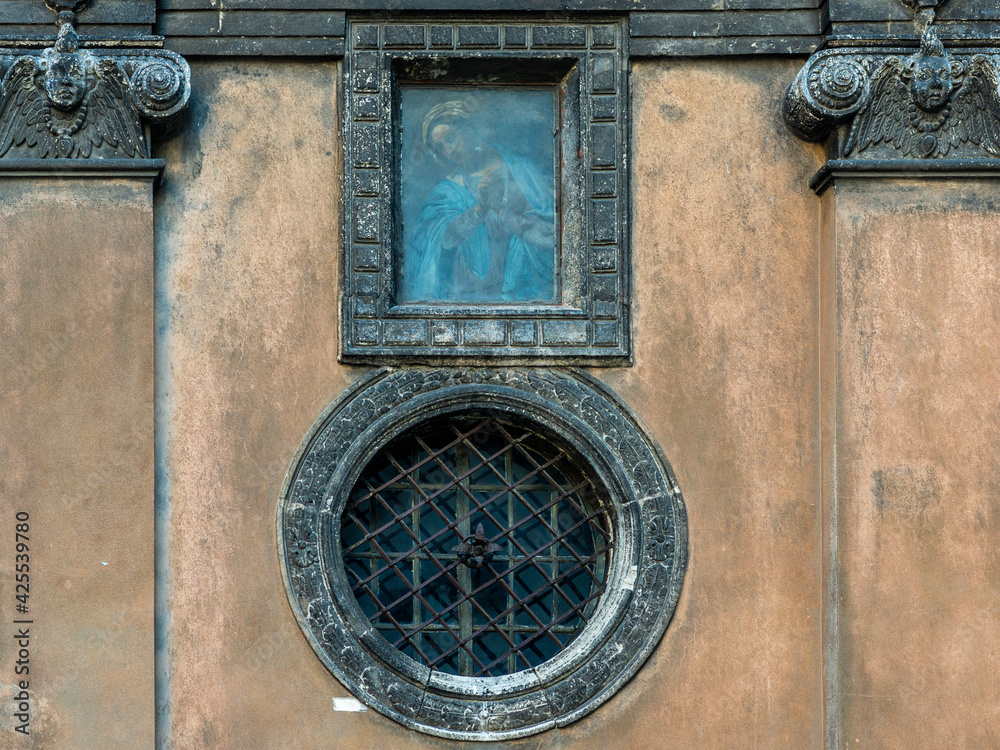 Fragment of the exterior of Chapel of Boim in Lviv, Ukraine. Decoration of facade of Chapel of Boim. It's a part of Lviv's Old Town, a UNESCO World Heritage Site.