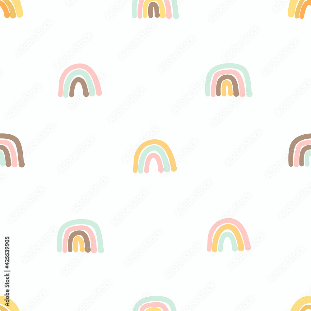 Seamless pattern with cute hand drawn rainbows. Cozy hygge scandinavian style template for fabric, packaging, kids t shirt design. Vector illustration in flat cartoon style Seamless pattern with cute hand drawn rainbows. Cozy hygge scandinavian style template for fabric, packaging, kids t shirt design. Vector illustration in flat cartoon style