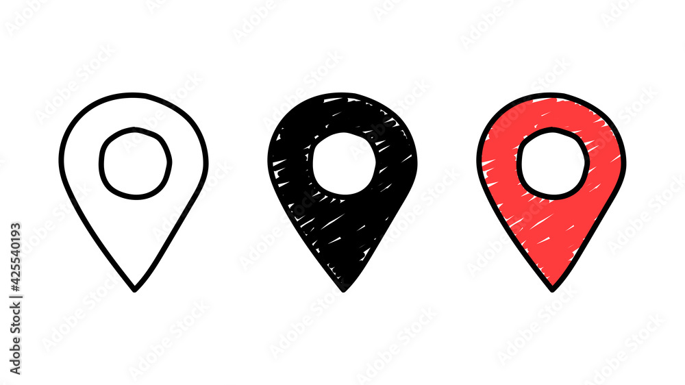 Set of hand drawn geolocation icons isolated on white background. Doodle style. Position and GPS navigation concept. Vector illustration Set of hand drawn geolocation icons isolated on white background. Doodle style. Position and GPS navigation concept. Vector illustration