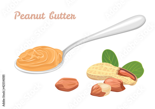 Peanut butter in spoon and nuts isolated on white background. Vector illustration in cartoon flat style.