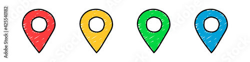 Set of hand drawn geolocation icons in different colors isolated on white background. Doodle style. Position and GPS navigation concept. Vector illustration