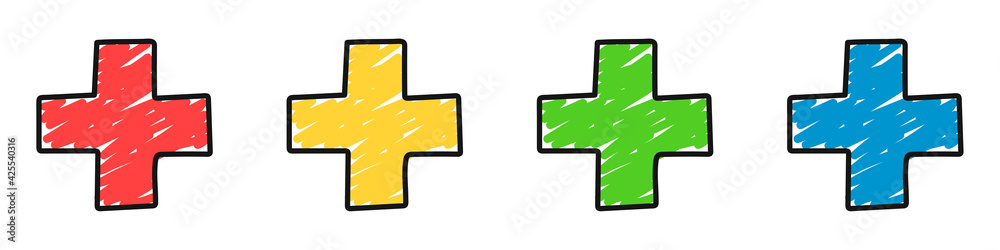 Obraz premium Set of hand drawn medical crosses in different colors isolated on a white background. Doodle style. Medical care, clinic, hospital or hospital concept. Health care. Vector illustration