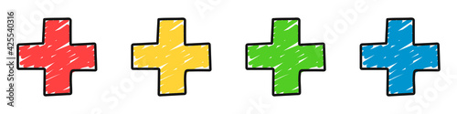 Set of hand drawn medical crosses in different colors isolated on a white background. Doodle style. Medical care, clinic, hospital or hospital concept. Health care. Vector illustration