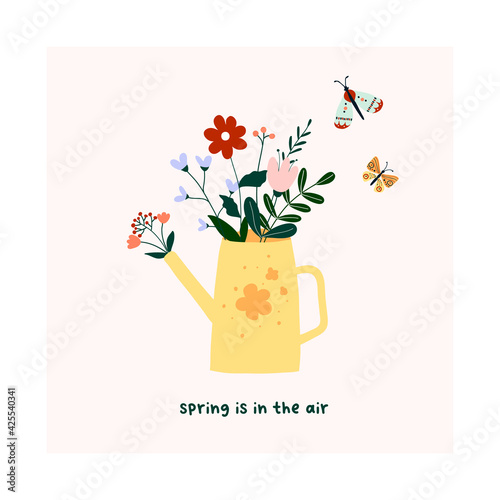 Cute hand drawn watering can with spring blooming flowers, green leaves and butterflies. Cozy hygge scandinavian template for postcard, card, t shirt design. Vector illustration in flat cartoon style