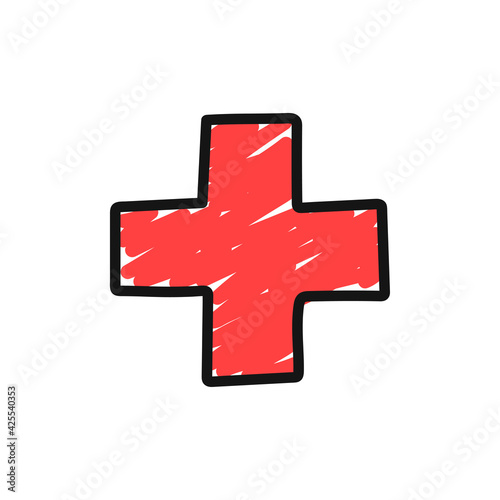 Hand drawn medical cross isolated on white background. Doodle style. Medical care, clinic, hospital or hospital concept. Health care. Vector illustration