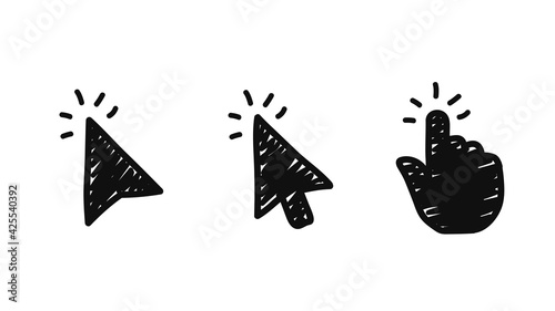 Set of hand-drawn computer mouse cursors isolated on white background. Doodle style. Mouse cursor click. Vector illustration