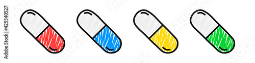 Set of medical capsules of different color hand-drawn isolated on a white background. Pain relievers, antibiotics, vitamins, and aspirin. Health treatment. Vector illustration