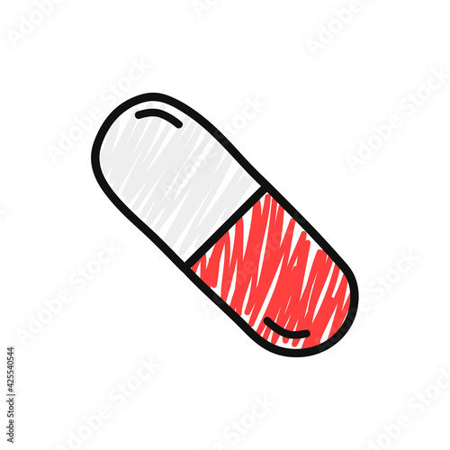 Red hand drawn medical capsule isolated on white background. Pain reliever, antibiotic, aspirin, or vitamins. Health treatment. Vector illustration