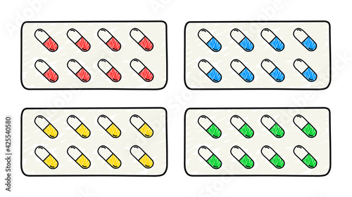 Set of medical capsules of different colors in hand drawn packages isolated on white background. Pain relievers, antibiotics, vitamins, and aspirin. Health treatment. Vector illustration