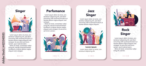 Singer mobile application banner set. Performer singing with microphone