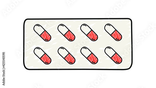 Red medical capsules in hand drawn packaging isolated on white background. Pain relievers, antibiotics, vitamins, and aspirin. Health treatment. Vector illustration