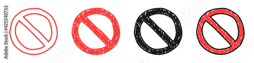 Set of hand-drawn prohibition signs isolated on white background. Doodle style. Vector illustration