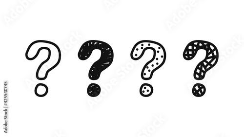 Set of hand-drawn question marks isolated on white background. The concept of question or lack of awareness. Doodle style. Vector illustration.