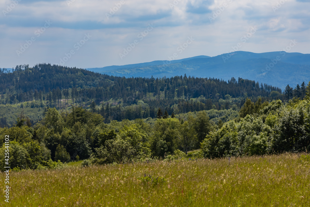 Beautiful panorama of Kaczawskie mountains with big fields and trees around
