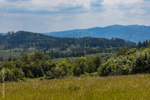 Beautiful panorama of Kaczawskie mountains with big fields and trees around