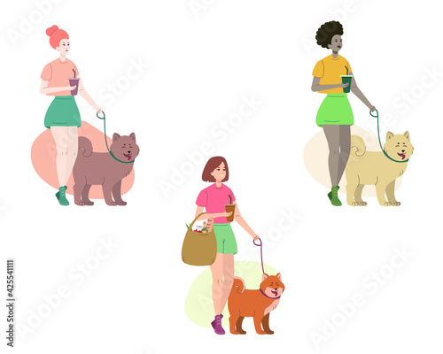 Women walking dogs with soda drinks and grocery bag. Vector flat illustration isolated on white background.