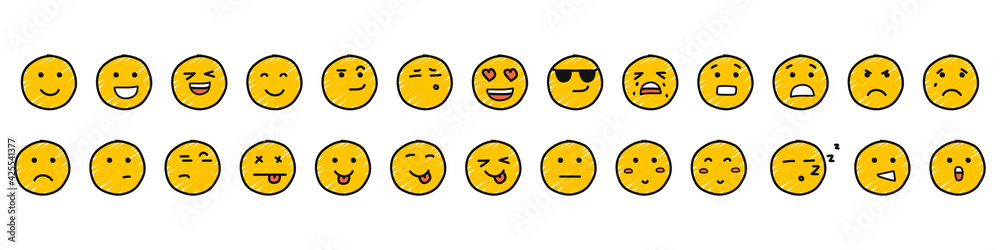 Set of hand-drawn emoticons isolated on white background. Emotion and feelings concept. Cartoon style. Vector illustration Set of hand-drawn emoticons isolated on white background. Emotion and feelings concept. Cartoon style. Vector illustration