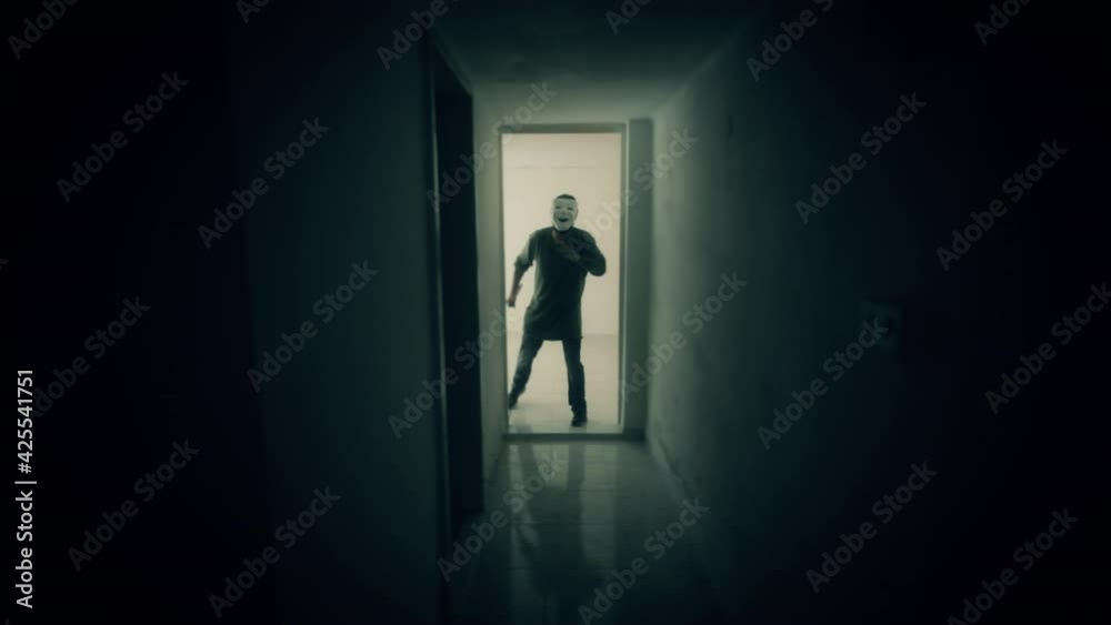 Wide angle shot: a scary horrifying encounter with a killer in a dark basement, wearing a white mask, running at us with a knife.
Wide angle shot: a scary horrifying encounter with a killer in a dark basement, wearing a white mask, running at us with a knife.