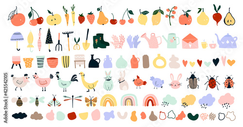 Cute hand drawn spring icons, garden tools, fruits, vegetables, chickens, hares, bees, butterflies. Cozy hygge scandinavian style for postcard, greeting card. Vector illustration in flat cartoon style