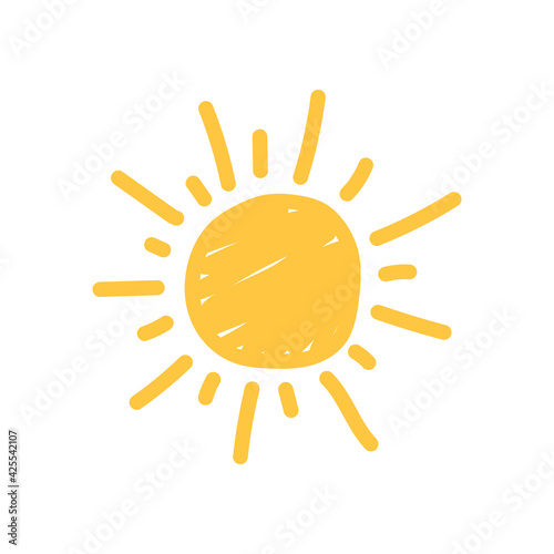 Hand-drawn sun isolated on white background. Doodle style. Summer concept. Vector illustration