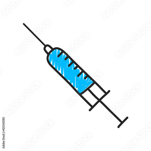 Hand-drawn syringe isolated on white background. Vaccinations against coronavirus. Health protection. Vector illustration
