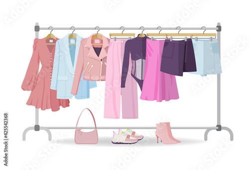 Clothes hanger with casual woman clothes, footwear