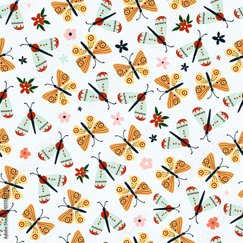 Seamless pattern with cute hand drawn butterflies. Cozy hygge scandinavian style template for fabric, packaging, kids t shirt design. Vector illustration in flat cartoon style