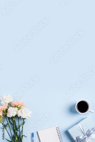 Design concept of Mother's Day greeting with carnation flower and holiday gift idea.