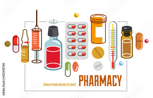 Pharmacy apothecary drugstore flyer, big composition set of medicaments vector flat illustration isolated, advertising banner health care and healing medical theme design.