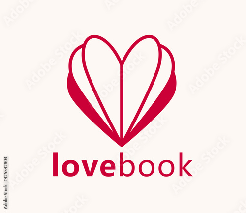 Heart open like a book or brochure with spread pages vector logo or icon, love letter or literature novel about romantic story concept, diary.
