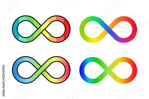 Infinity loop rainbow icon set. Neurodiversity concept. Autism acceptance symbol. Set of four colorful endless loops. The range of differences in individual brain function. Vector illustration