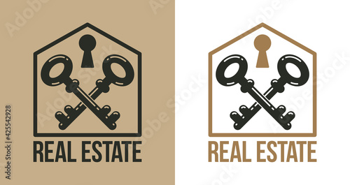 Real estate vector logo, realty agency emblem, turnkey symbol business identity, house for sale or rent, real property theme.