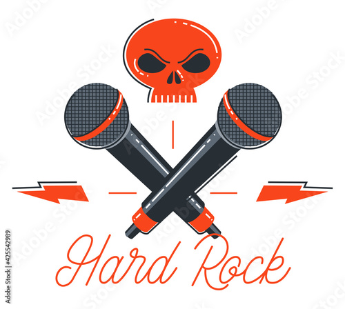 Hard rock and heavy metal emblem or logo vector flat style illustration isolated, microphone and dead scull composition, stylish music icon.