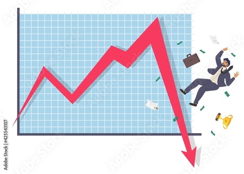 Falling businessman and down arrow chart, flat vector illustration. Business failure, collapse, economic crisis.