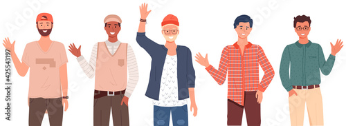 Group of men with different nationalities and cultures. Multicultural people show greeting gesture