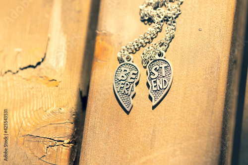 Pendant best friends heart 2 parts necklace shoot outside in a summer day closeup. Selective Focus. High quality photo