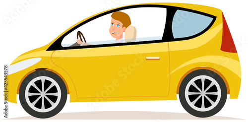 Beautiful girl with short hair driving yellow transport. Hatchback, smart, passenger car with driver