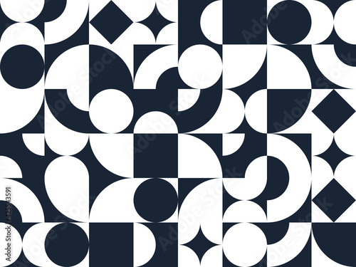 Geometric abstract seamless pattern with black and white simple elements of geometry, wallpaper background in retro 70s style, Bauhaus constructive style tiles.