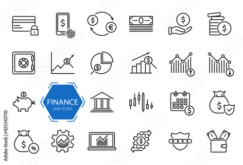 Set of financial icons. Money, finance, payment line icons. Finance and analytics related. Investment, business and banking line pictogram set. Editable stroke. Vector illustration