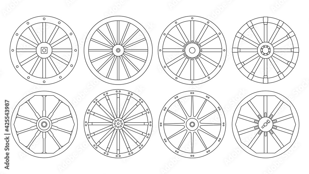 Wheel of west wild isolated outline set icon. Vector outline set icon wooden cartwheel. Vector illustration wheel of west wild on white background.