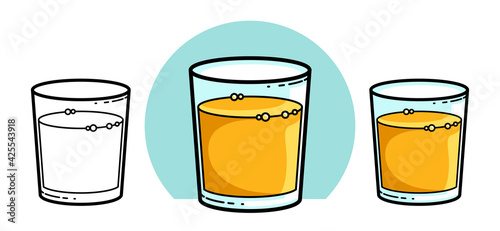 Orange juice in a glass isolated on white background vector illustration 3 versions set, cartoon style logo or badge for pure fresh juice, diet food beverage delicious and healthy.