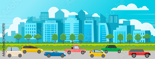 Modern car parking along town street in cartoon style. Vehicles car on city street