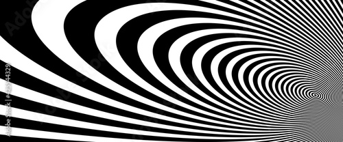 Op art distorted perspective black and white lines in 3D motion abstract vector background, optical illusion insane linear pattern, artistic psychedelic illustration.