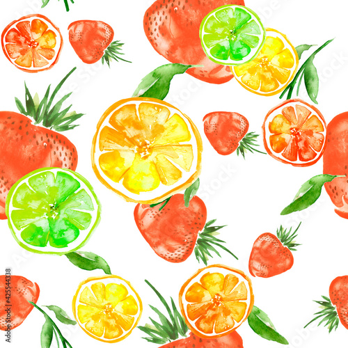 Fototapeta Naklejka Na Ścianę i Meble -  seamless pattern with watercolors - from tropical fruit, citrus spray, lemon, orange, lime, grapefruit paint splash. berry, strawberry. Bright fashionable background. Citrus Tropical Fruit Watercolor