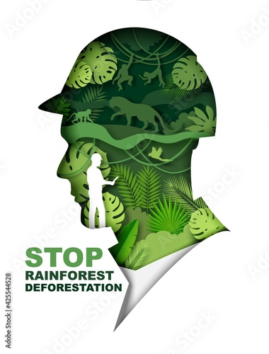 Stop rainforest deforestation poster, banner template. Vector paper cut green jungle plants, animals inside of man head.