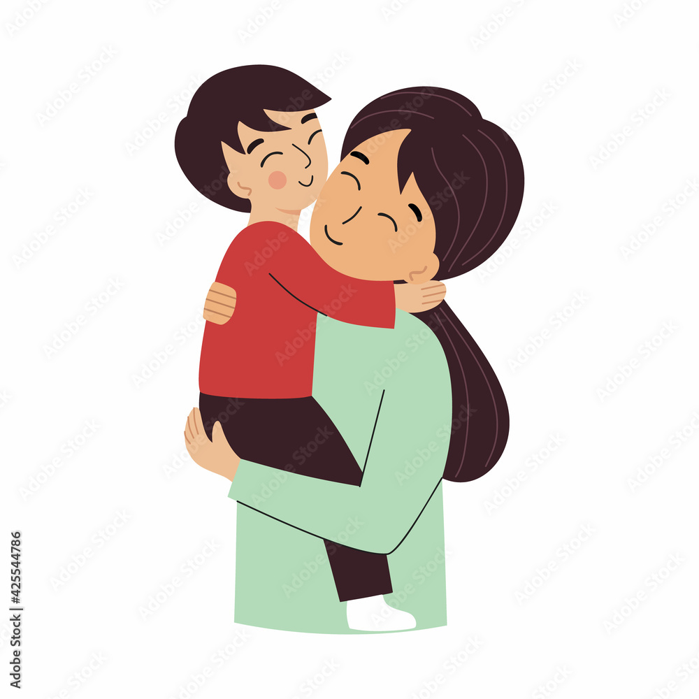 Mom hugs her son. Mother and child. Motherhood and parenting. Mother's Day.