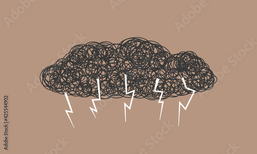 Abstract vector storm clouds with thunder hand drawn chaotic tangle of doodles.Sign bad weather,impending rain storm,thunder rolls.Symbol stress,depression,psychosis,mental crisis personality,headache