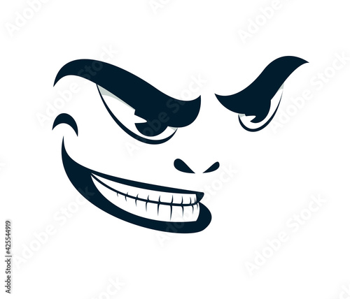Funny cartoon angry sneering face vector smile illustration isolated on white, facial expression illustration.