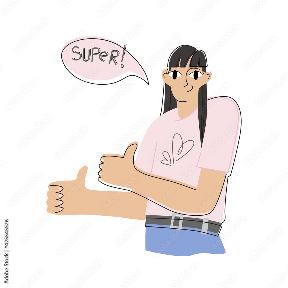 A pretty young girl raises her thumbs up and says Super. Vector flat illustration isolated on white background A pretty young girl raises her thumbs up and says Super. Vector flat illustration isolated on white background