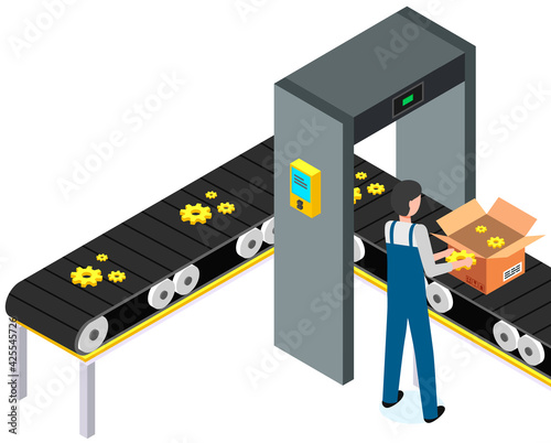Man puts parcels in cardboard boxes. Conveyor with gears, spare parts passing through metal detector